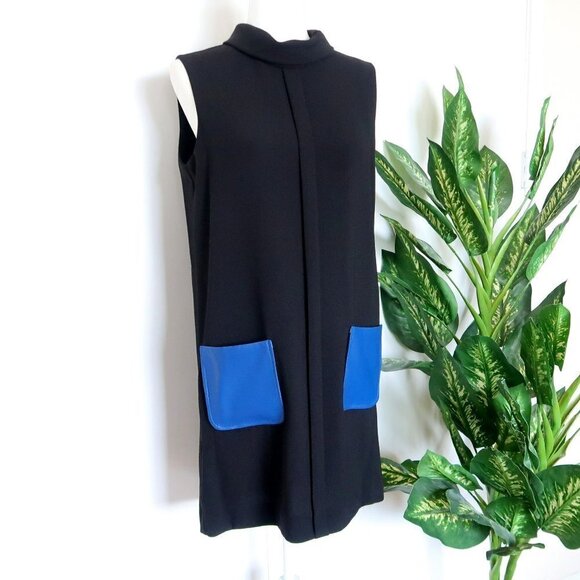 Anthropologie Dina Agam Black Crepe & Blue Lambskin Mock Sleeveless Shift Dress - Picture 9 of 16